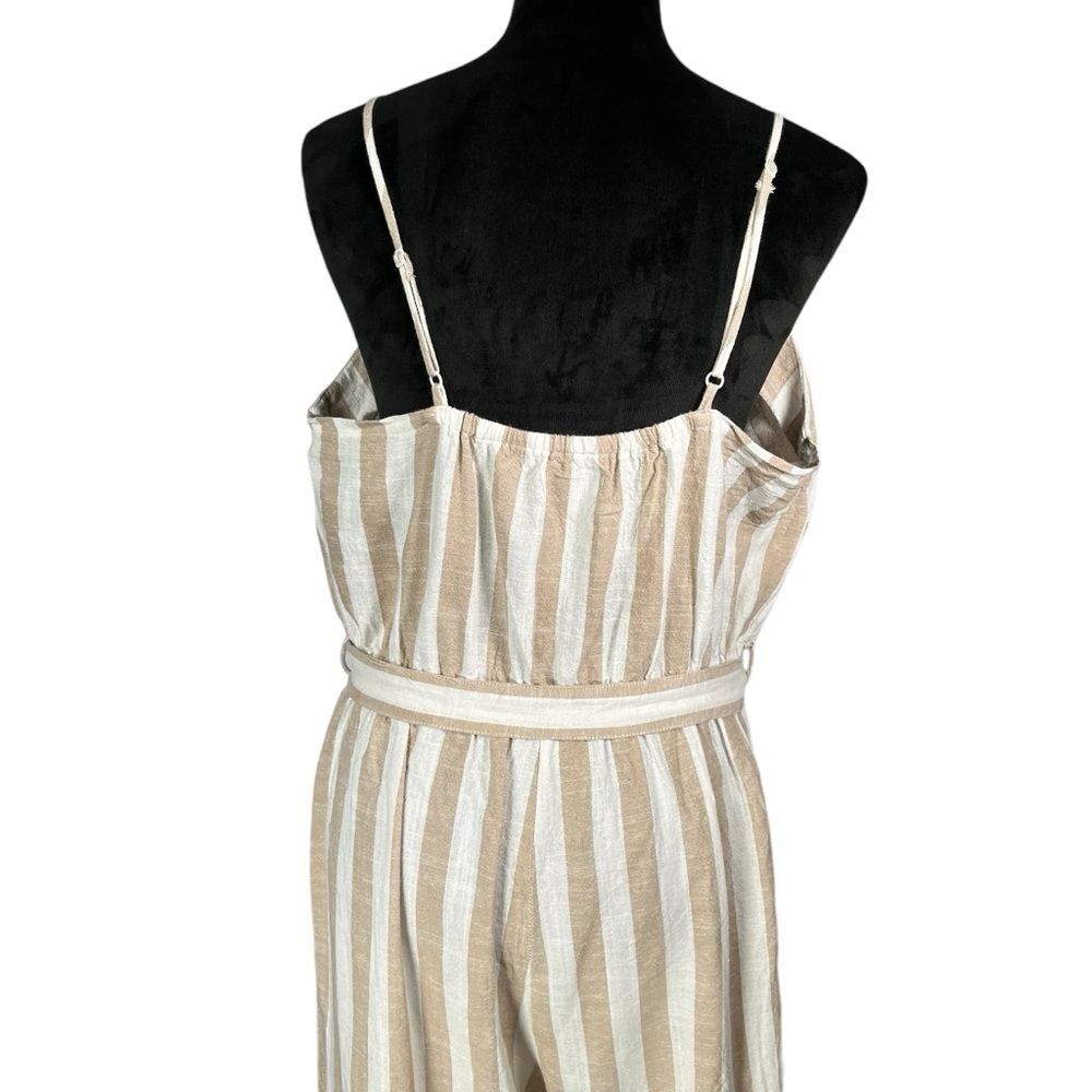 Kensie White Tan Stripe Jumpsuit Cotton Linen Spaghetti Strap Wide Leg Cropped - Picture 9 of 16